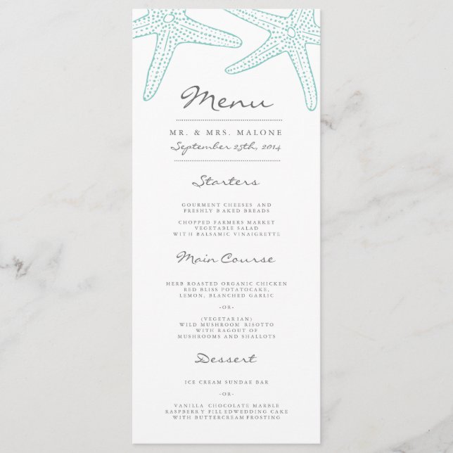 Menu de dîner de mariage d'étoiles de mer de (Devant)