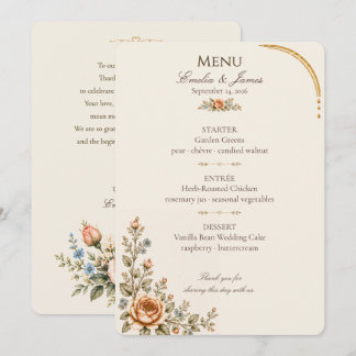 Menu de dîner de mariage du jardin de roses ancien