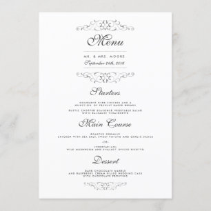 Menu de dîner de mariage en argent antique orné