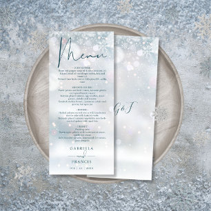 Menu de dîner de mariage enneigé de conte de fées 