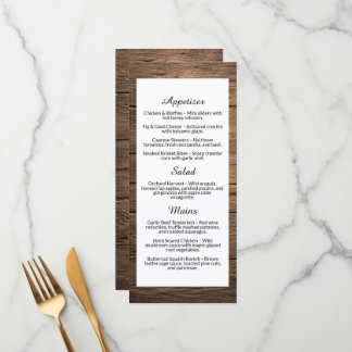 Menu de dîner de mariage rustique à grain de bois