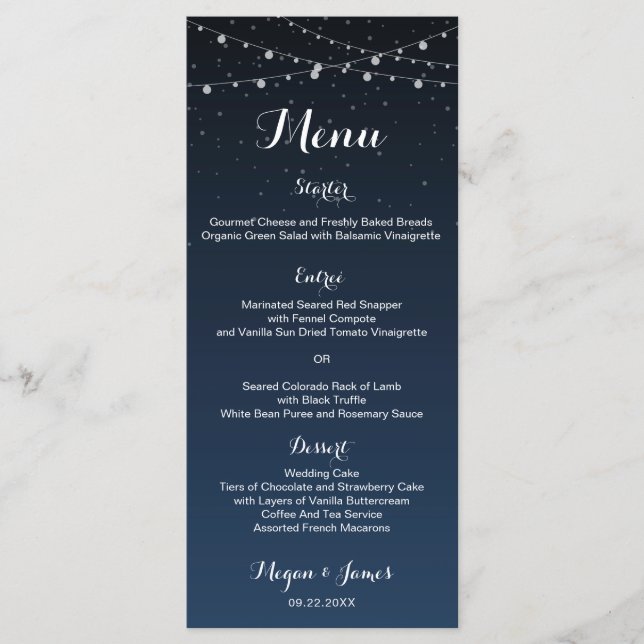 Menu de dîner de mariage rustique sous les étoiles (Devant)