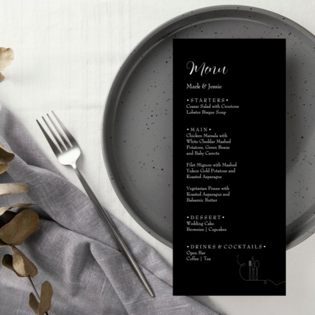 Menu de dîner de mariage simple noir et blanc ROE (Créateur téléchargé)