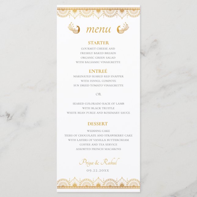 Menu de dîner de mariage sur modèle or indien (Devant)