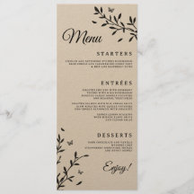 Menu de dîner de mariage Woodland Charm