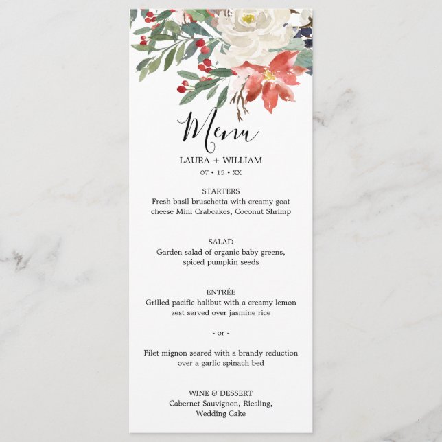 Menu de dîner de Noël aux baies de houx et fleurs
