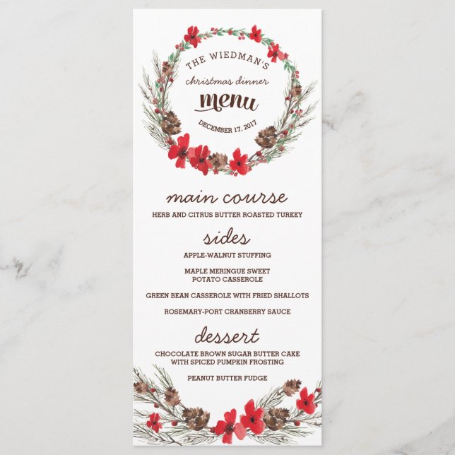 Menu de dîner de Noël Couronne Florale Fêtes (Devant)