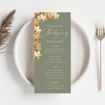 Menu de dîner de Thanksgiving aux feuilles d'autom