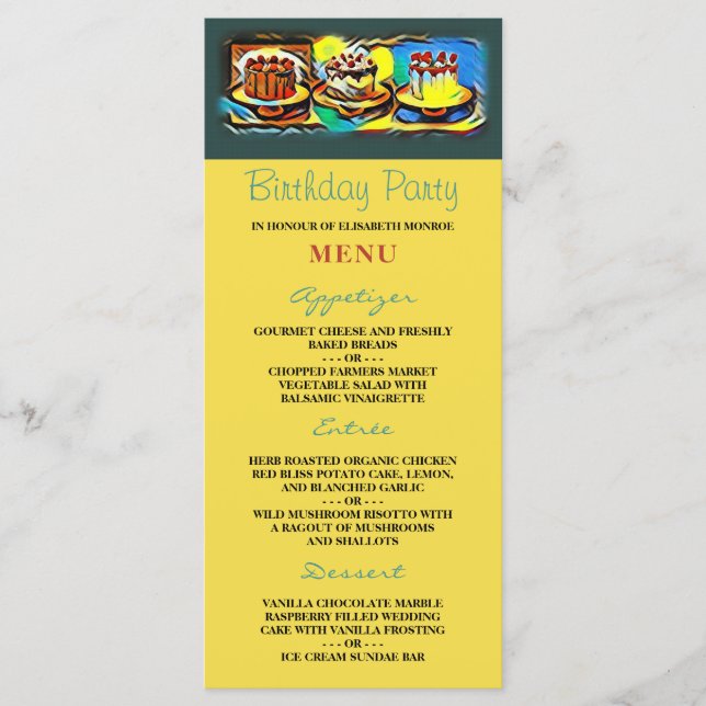 Menu de fête d'anniversaire Cake Art Jazz (Devant)