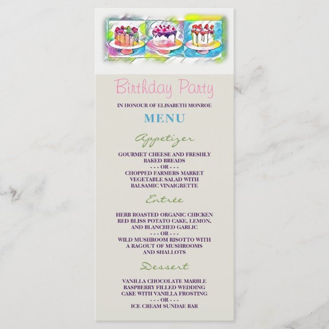 Menu de fête d'anniversaire de la pâtisserie (Devant)