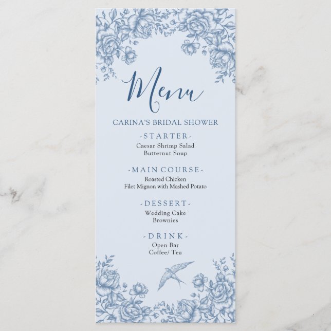 Menu de Fête des mariées Dusty Blue Chinoiserie (Devant)
