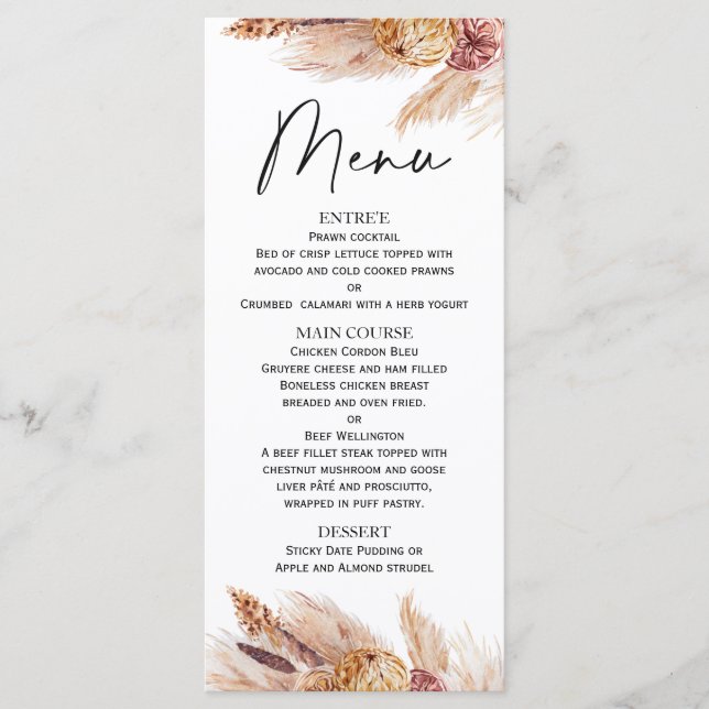 Menu de Fête des mariées en laiton Boho Pampas (Devant)