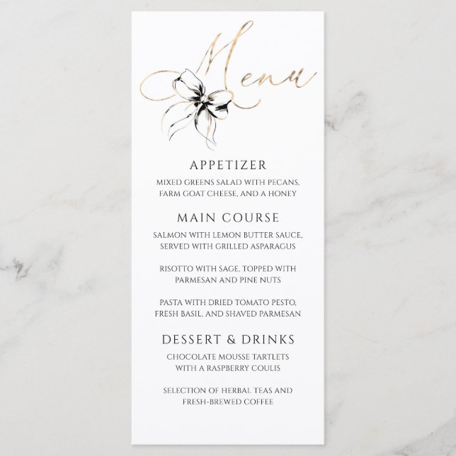 Menu de fête élégant Typographie Or Ruban Noir (Devant)