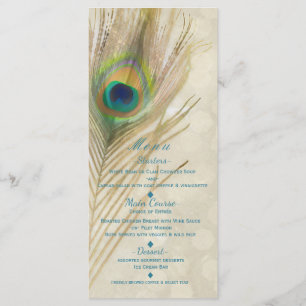 Menu de fête glamour à plumes de paon exotique or