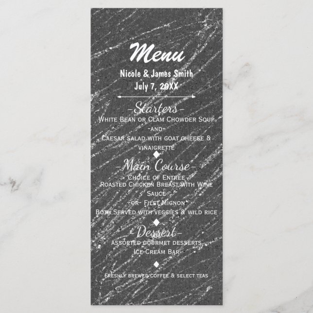 Menu de fête rayé marbre gris et argent Moderne Gl (Devant)