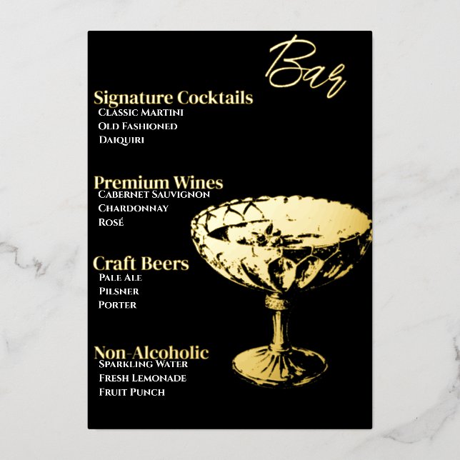 Menu de la barre de cocktails Gold Foiled Party (Recto)