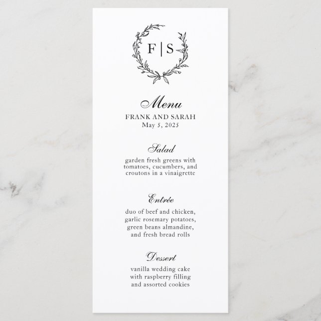 Menu de la couronne monogramme traditionnel noir e (Devant)