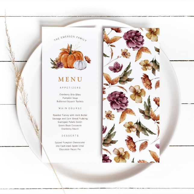 Menu de la dinde de Thanksgiving à la citrouille (Rustic fall harvest Thanksgiving Pumpkin Menu, watercolor autumn florals by Painted Paperie
)