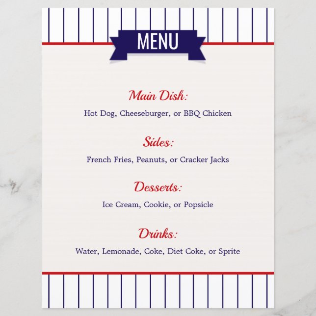 Menu de la fête à thème de baseball (Devant)