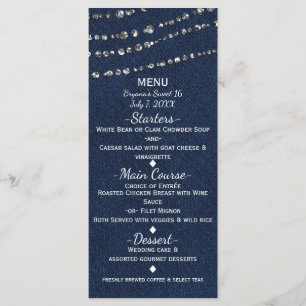 Menu de la fête Blue Denim & Diamonds Sparkle Blin