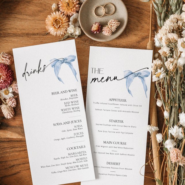Menu de la Fête des mariées du noeud (Something blue before I do coquette bow menu and drinks cards)