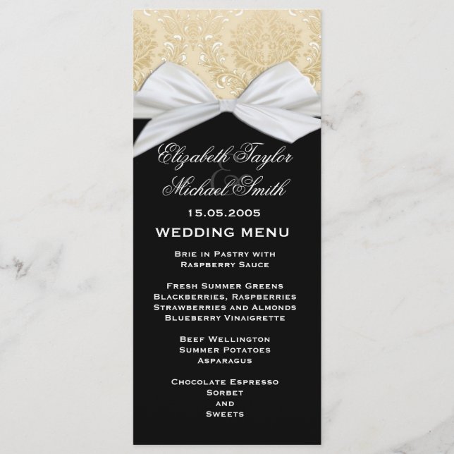 Menu de luxe Ribbon Black Gold Mariage damassé (Devant)