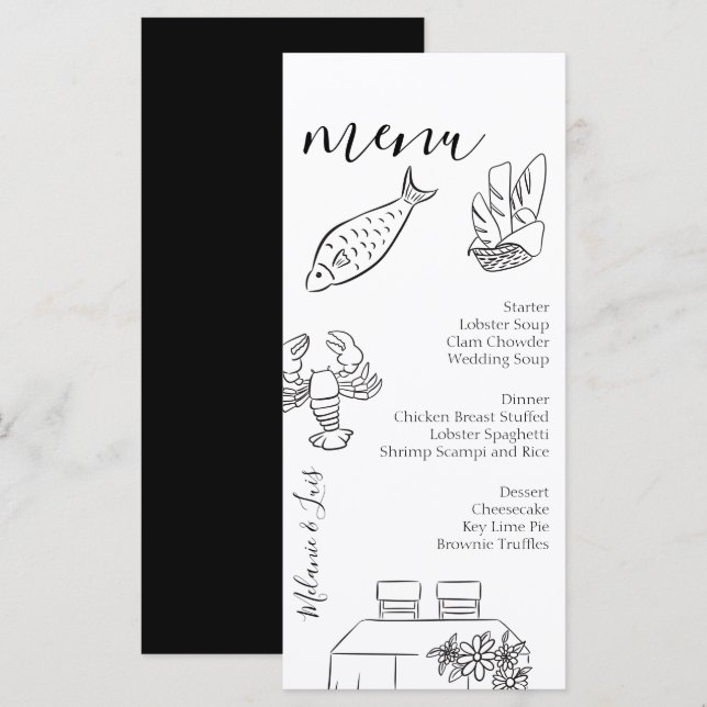 Menu de mariage à coeur noir et blanc fantaisiste  (Devant / Derrière)