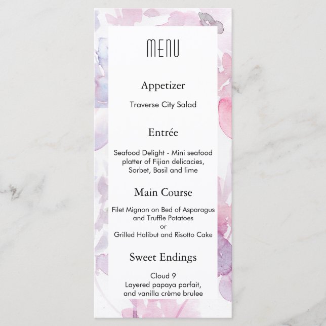 Menu de mariage à fleurs aquarelles délicates (Devant)