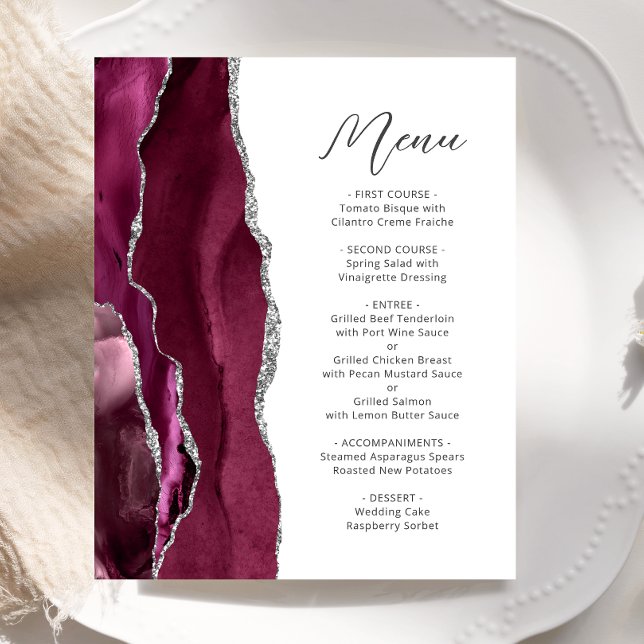 Menu de mariage à l'écriture argentée sur fond de  (Créateur téléchargé)