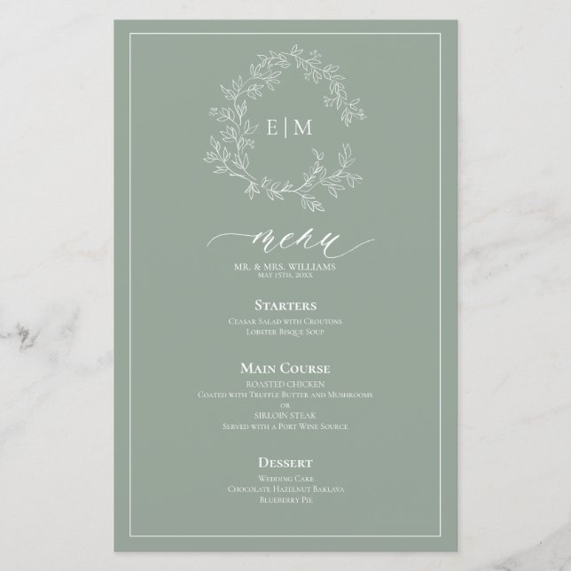 Menu de mariage à monogramme à feuille verte sage (Devant)