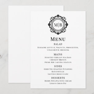Menu de mariage à monogramme floral orné noir et b