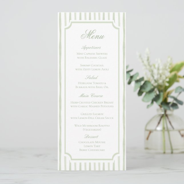 Menu de mariage à rayures aquarelles vertes (Debout devant)