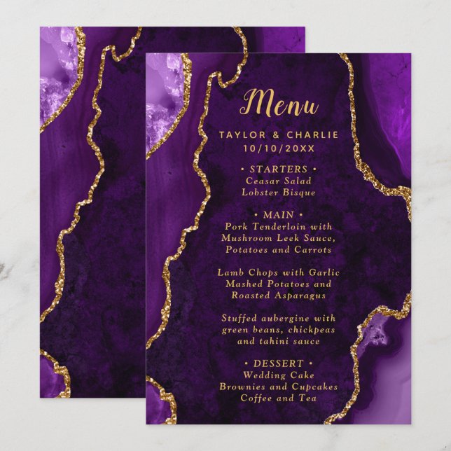 Menu de mariage Agate pourpre et or (Devant / Derrière)