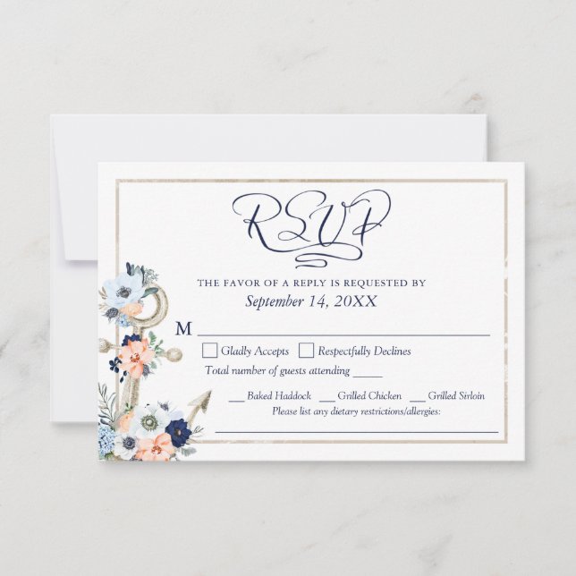 Menu de mariage ancre marine bleu marine pêche RSV (Devant)