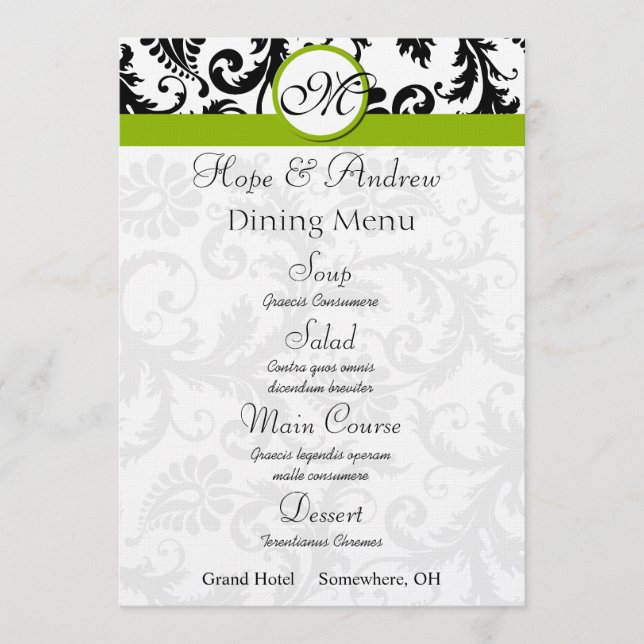 Menu de mariage Apple Green Swirl Damask Noir (Devant)
