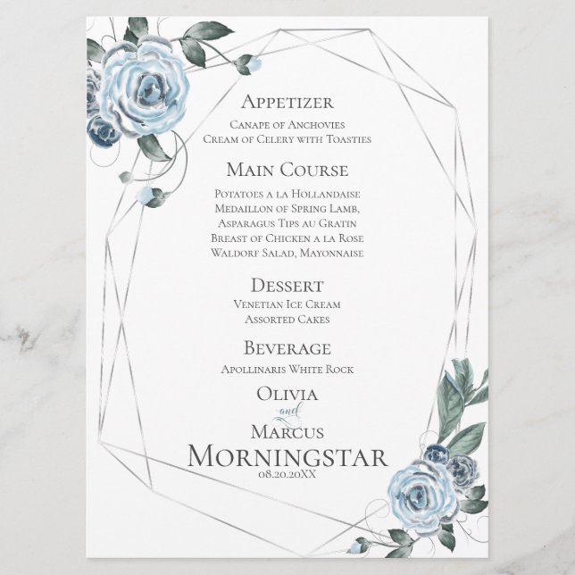 Menu de mariage | Aquarelle bleu bleu foncé (Devant)