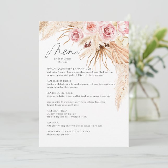 Menu de mariage aquarelle boho floral herbe de la  (Debout devant)