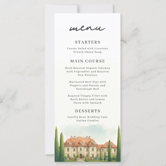 Menu de mariage aquarelle chic de villa italienne  (Devant)