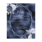 Menu de mariage argenté floral bleu poussiéreux et