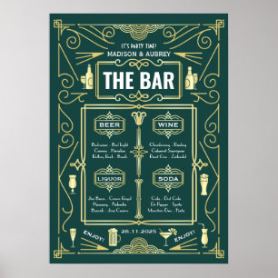 Menu de mariage Art déco bar ouvert vert doré fête