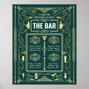Menu de mariage Art Déco or et vert avec bar ouver