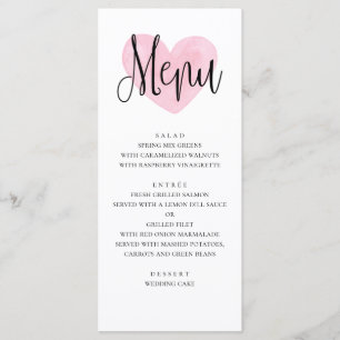 Menu de mariage au cœur rose. Dîner moderne romant