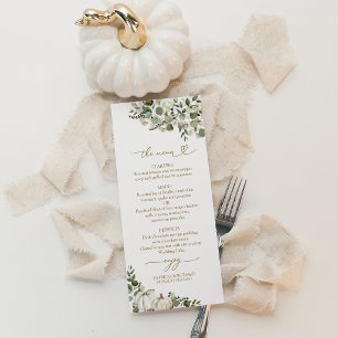 Menu de mariage automnal avec citrouilles blanches