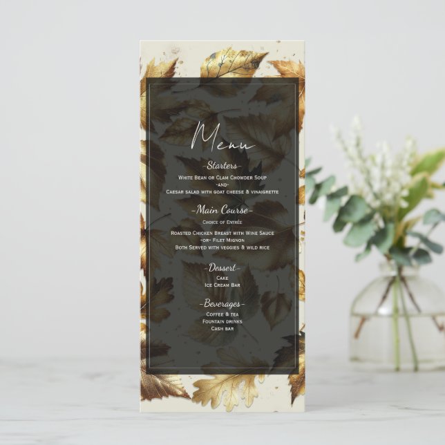 Menu de mariage automnal beige et noir avec feuill (Debout devant)