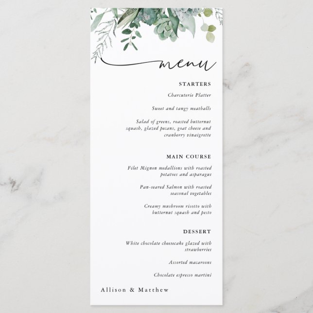 Menu de mariage avec plantes succulentes et eucaly (Devant)