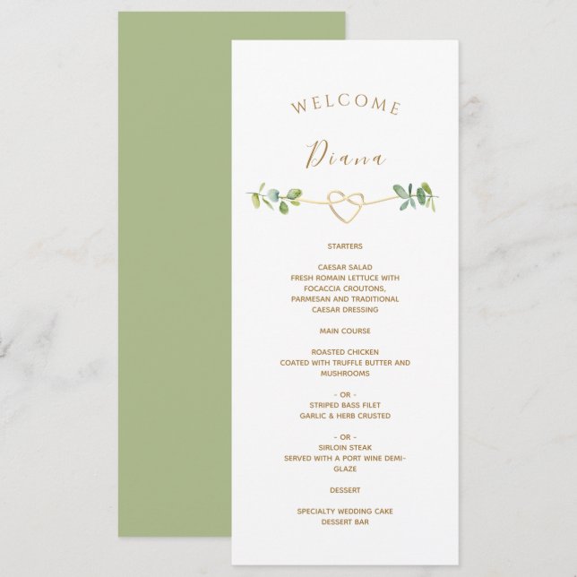 Menu de mariage avec verdure et nom de l'invité (Devant / Derrière)
