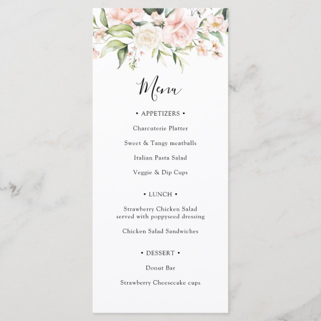 Menu de mariage Baby Shower Rose et Feuillage (Devant)