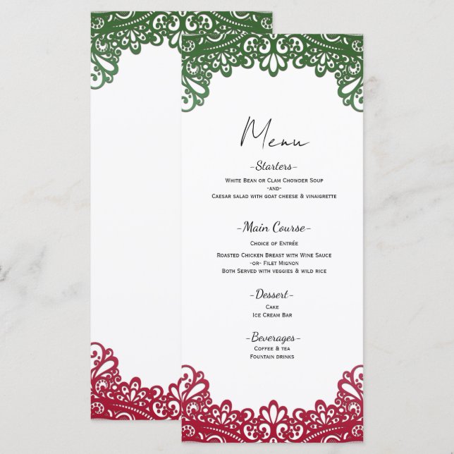 Menu de mariage blanc élégant Fiesta vert et rouge (Devant / Derrière)