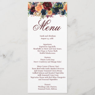 Menu de mariage bleu marine Bourgogne vin or