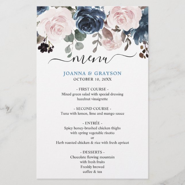Menu de Mariage bleu pâle rose rose pâle (Devant)